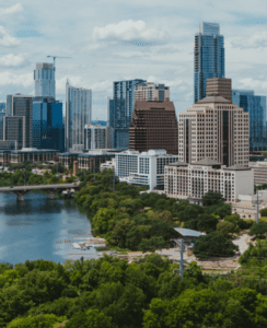 A view of the city skyline from above.
