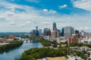 A view of the city skyline from above.